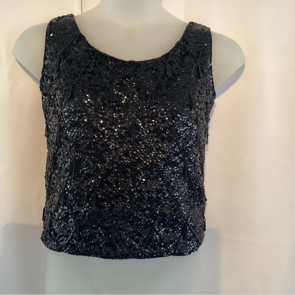 NWT Vintage Max & Co Black Sequin Beaded Crop Party Top Small
